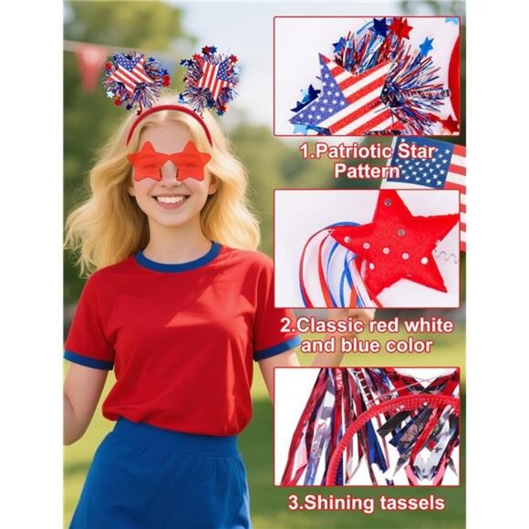 8-Piece Patriotic Party Set – USA Glasses & Star Headbands - Picture 4 of 7